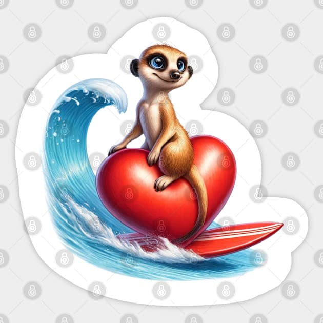 Surfing Meerkat Love - Riding the Waves of Affection Sticker by vk09design